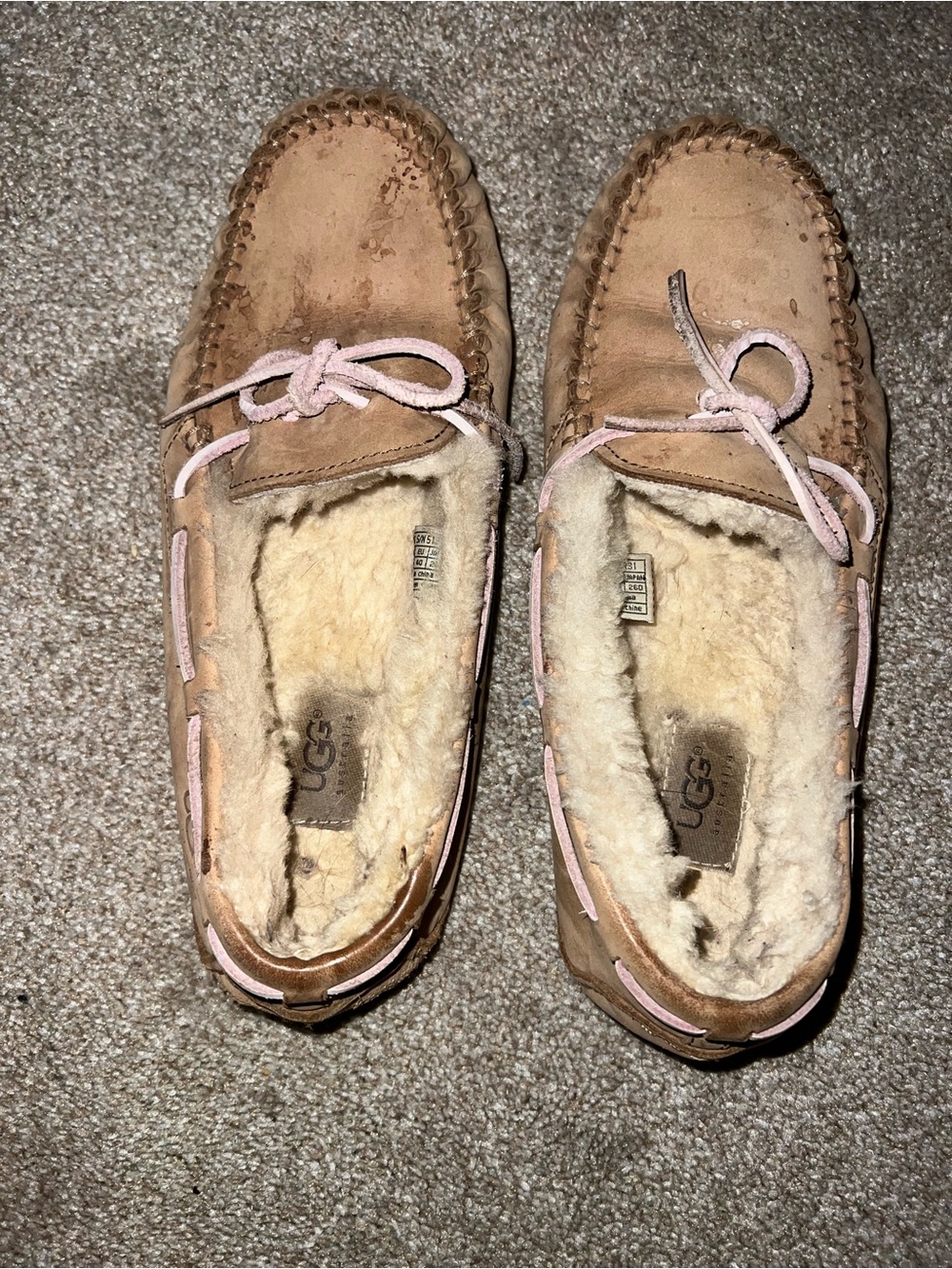 UGG Tan Moccasin Slippers with Pink Laces
